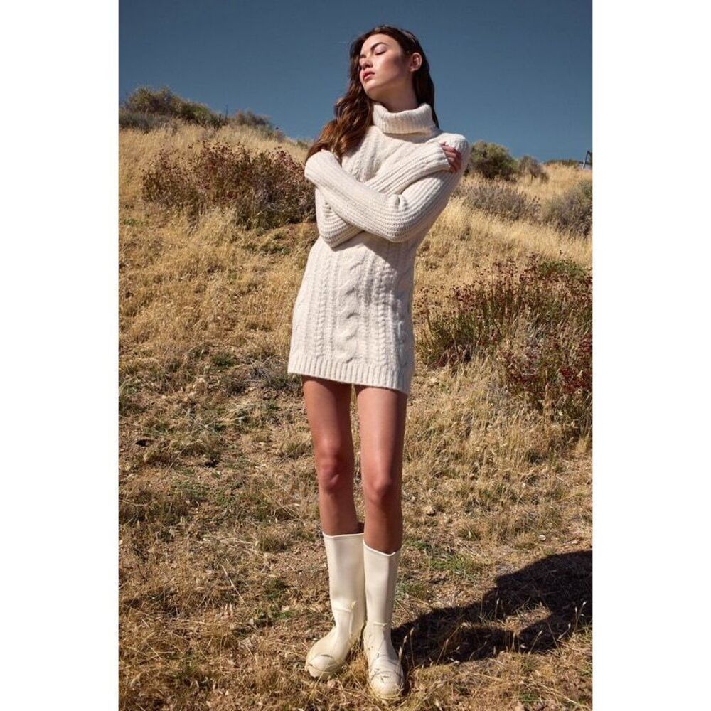 Lulus Cozy Vision Ivory Cable Knit Turtleneck Mini Sweater Dress White - Size S